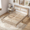 Queen wood bed frame with upholstered headboard in natural finish, featuring slatted base and elegant design for.