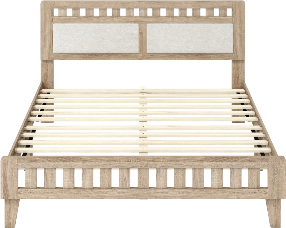 Queen wood bed frame with upholstered headboard in natural finish, featuring slatted base for mattress support.
