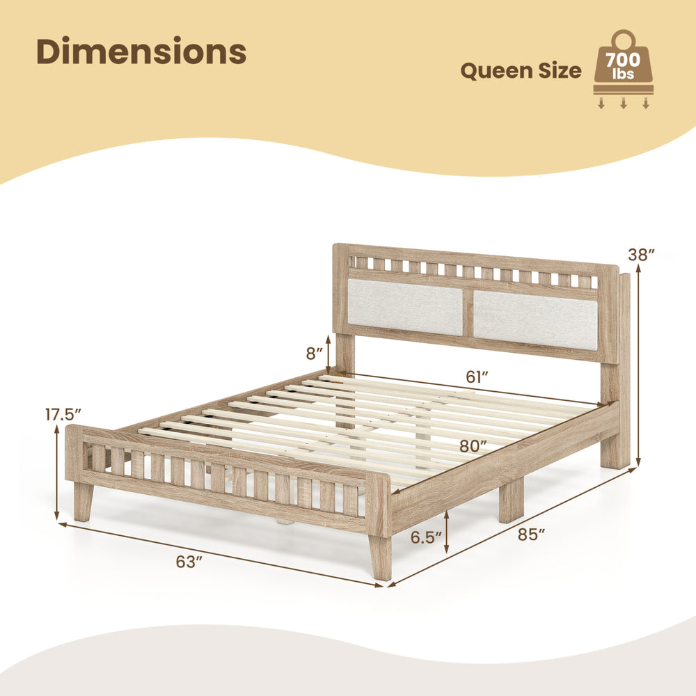 Queen wood bed frame with upholstered headboard in natural finish, showcasing dimensions and sturdy slat support.