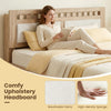 Upholstered headboard of the Queen Wood Bed Frame in natural finish, featuring breathable fabric and high-density.