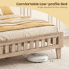 Queen wood bed frame with upholstered headboard, featuring a low-profile design for easy floor cleaning.