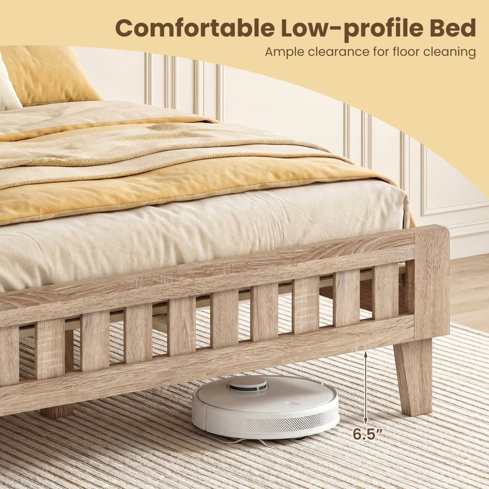 Queen wood bed frame with upholstered headboard, featuring a low-profile design for easy floor cleaning.