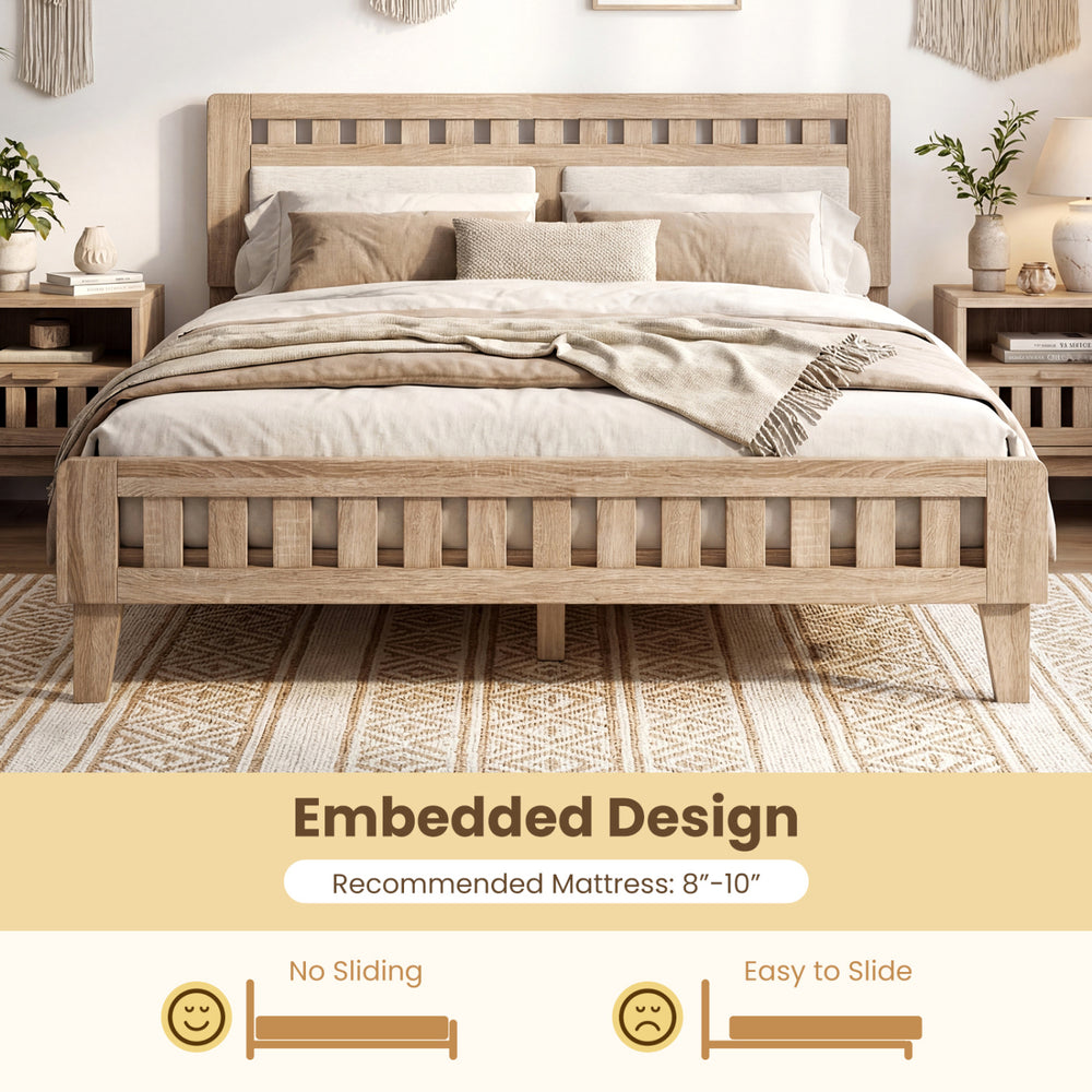 Queen wood bed frame with upholstered headboard in natural finish, featuring embedded design for mattress support.