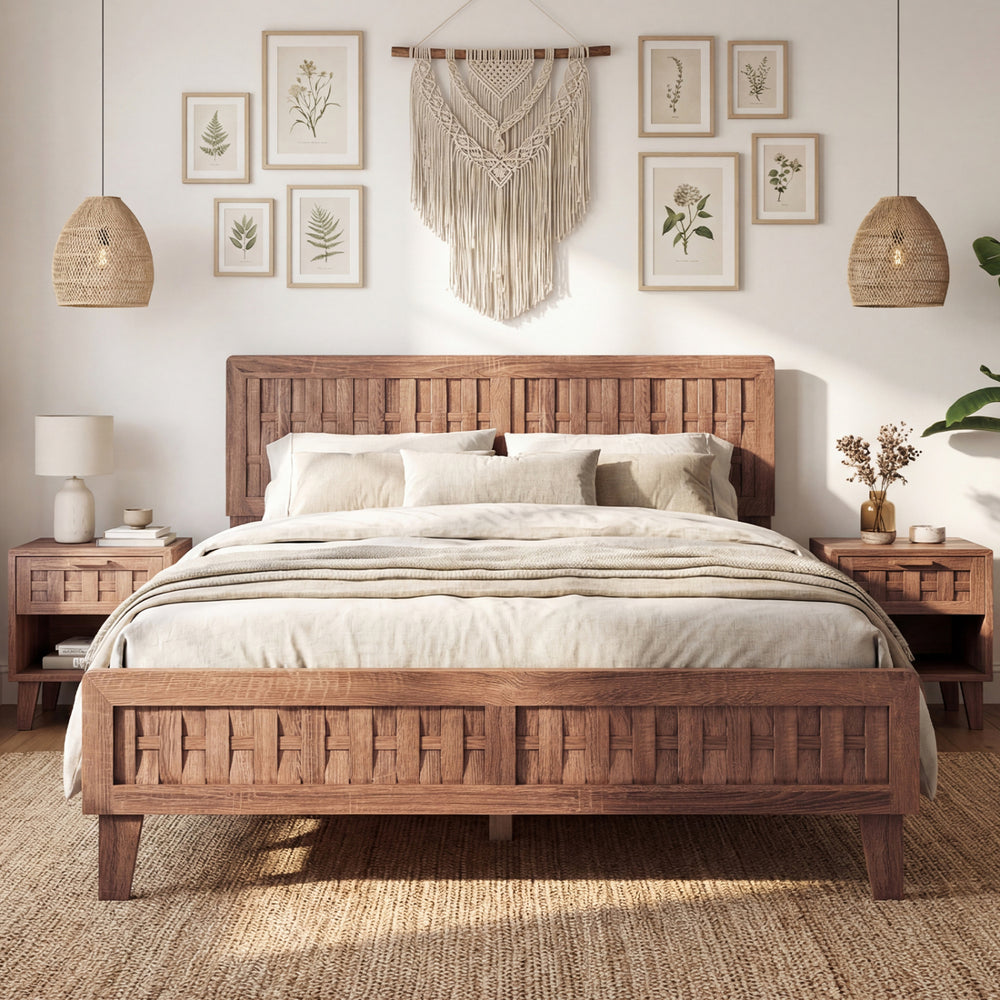 Mid Century queen size bed frame with woven accent headboard in natural finish, styled in a cozy bedroom setting.