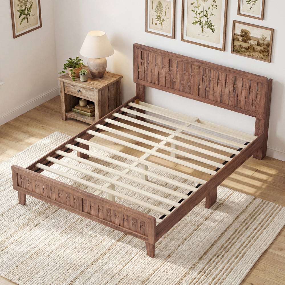 Mid Century queen size bed frame with woven accent headboard in natural wood, showcasing slatted support.