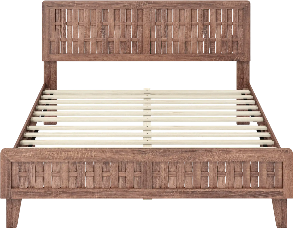 Queen size bed frame with woven accent headboard in natural finish, showcasing mid-century design and slatted base.