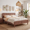 Mid Century queen size bed frame with woven accent headboard in natural wood, styled in a cozy bedroom setting.