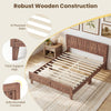 Mid Century queen size bed frame with woven accent headboard, featuring robust wooden construction and thick support.