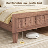 Mid century queen size bed frame with woven accent headboard, featuring 6.5" clearance for easy floor cleaning.