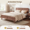 Mid Century queen size bed frame with woven accent headboard in natural finish, designed for 8"-10" mattresses.