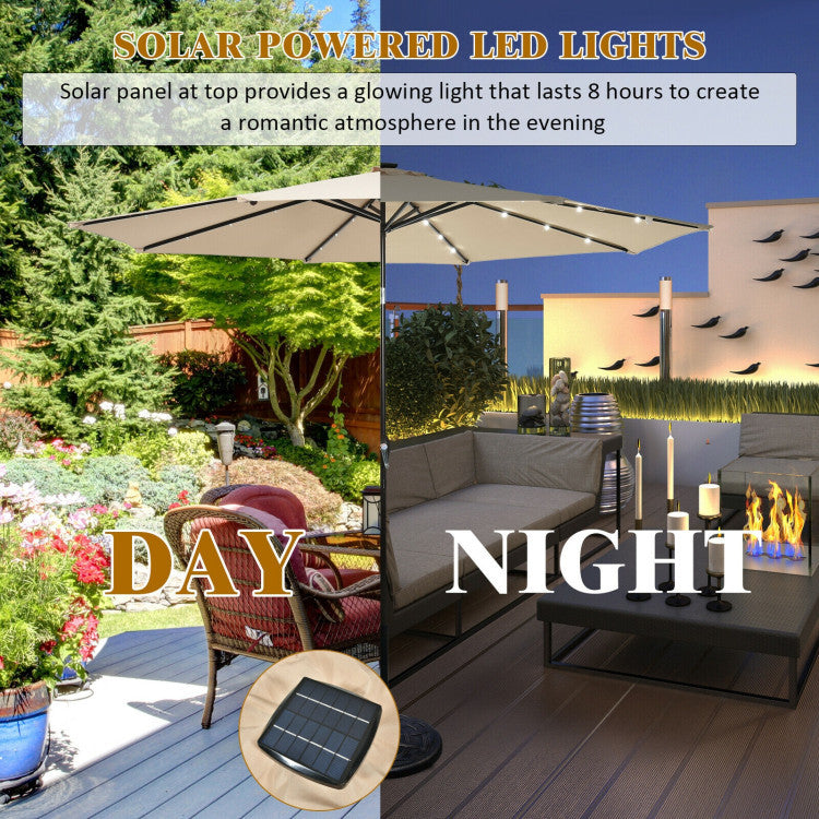 3-piece round picnic table set featuring a 10FT solar LED tilt umbrella, ideal for patio and backyard gatherings.