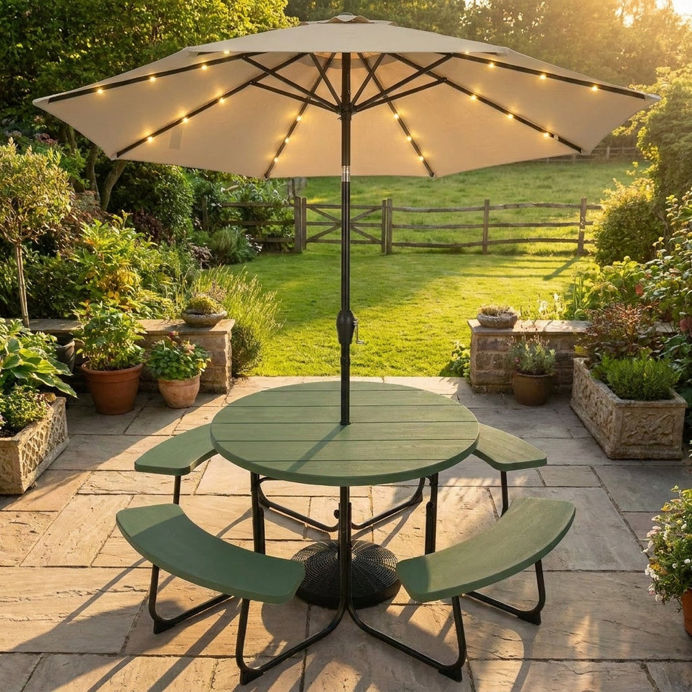 Round picnic table set with green benches and a 10FT solar LED tilt umbrella, perfect for patio gatherings.