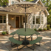 Round picnic table set with green finish, featuring a 10FT solar LED tilt umbrella for outdoor patio use.