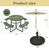 Round picnic table set dimensions with 10FT solar LED umbrella and base for patio or backyard use.