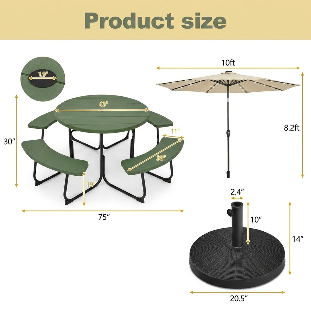 Round picnic table set dimensions with 10FT solar LED umbrella and base for patio or backyard use.