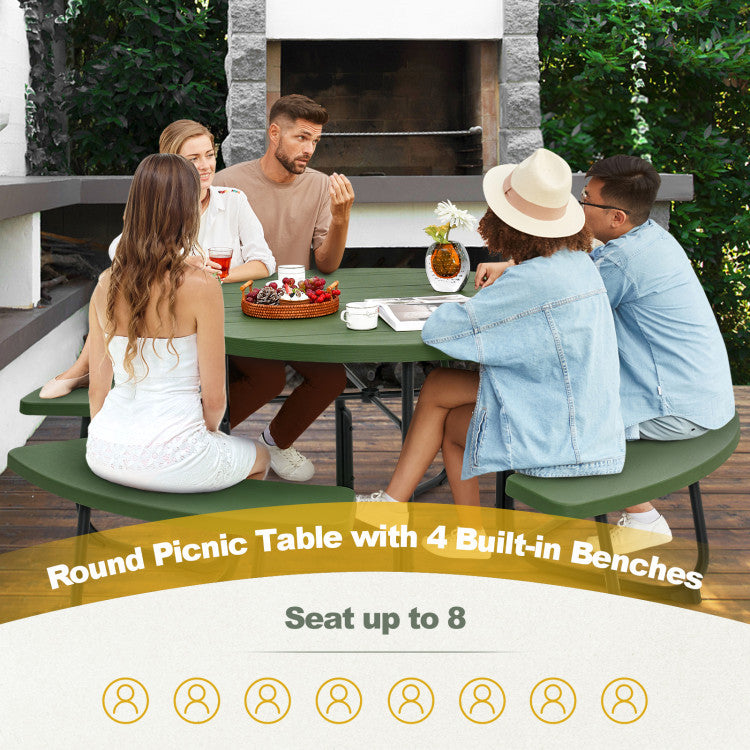 Round picnic table set with 4 built-in benches, ideal for outdoor gatherings, seats up to 8 people comfortably.
