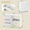 Folding craft desk with dimensions, featuring a sewing machine and charging station, ideal for beginner sewing projects.