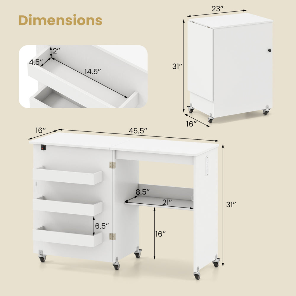 Folding craft desk with dimensions, featuring a sewing machine and charging station, ideal for beginner sewing projects.