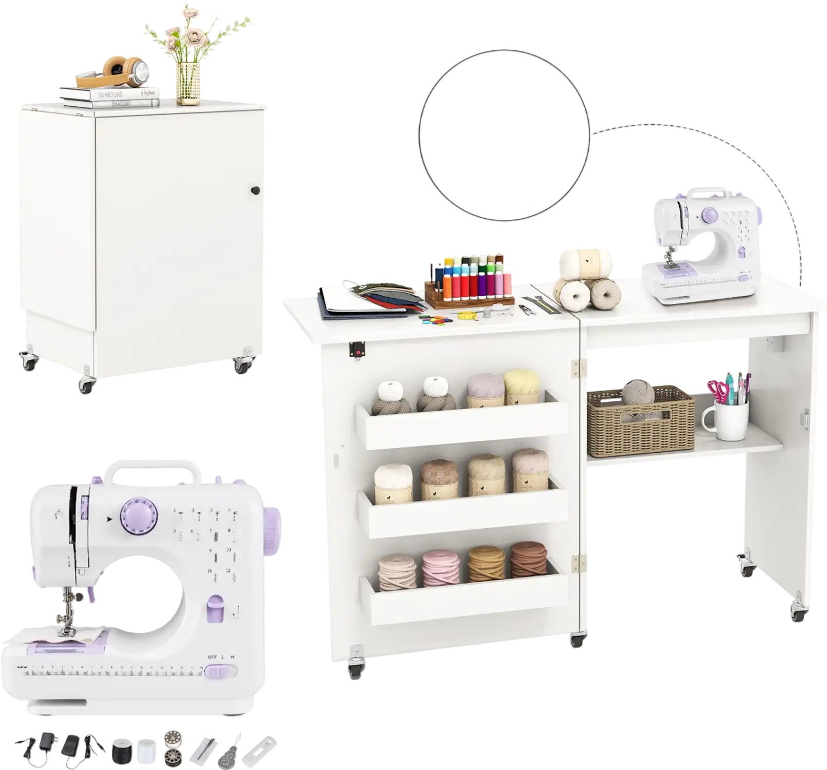 Costway Folding Craft Sewing Desk Set w/ Beginner Sewing Machine Charging Station 86594567 New