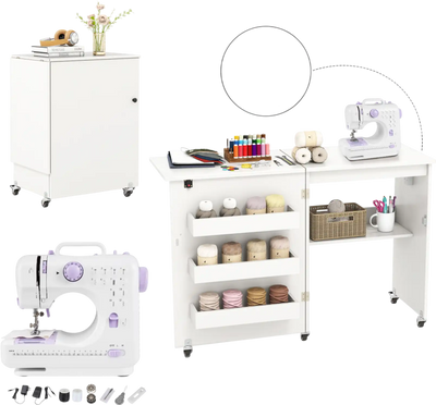 Costway Folding Craft Sewing Desk Set w/ Beginner Sewing Machine Charging Station 86594567 New