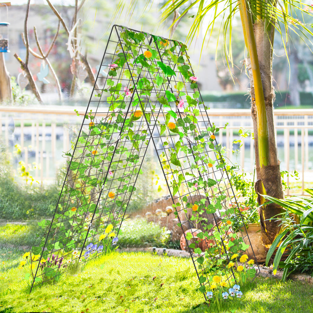 A-frame garden trellis in green for climbing plants, featuring a ground stake and cable tie, ideal for garden support.