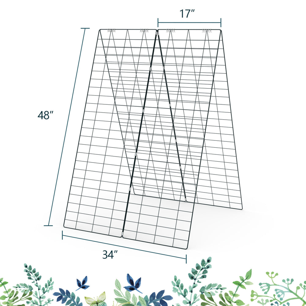 A-Frame garden trellis for climbing plants, measuring 48" x 34", with ground stake and cable tie for secure support.