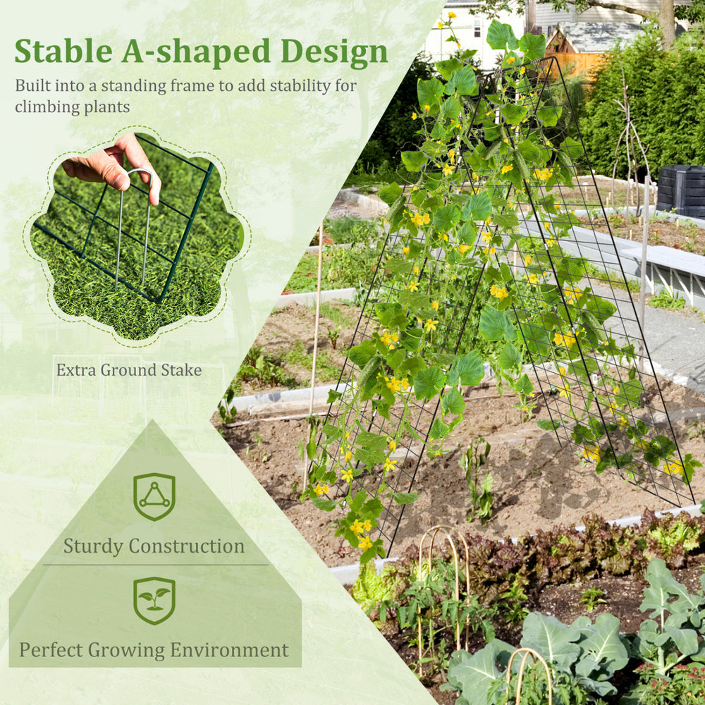 A-Frame garden trellis in green with ground stake, designed for climbing plants and providing stability in the garden.