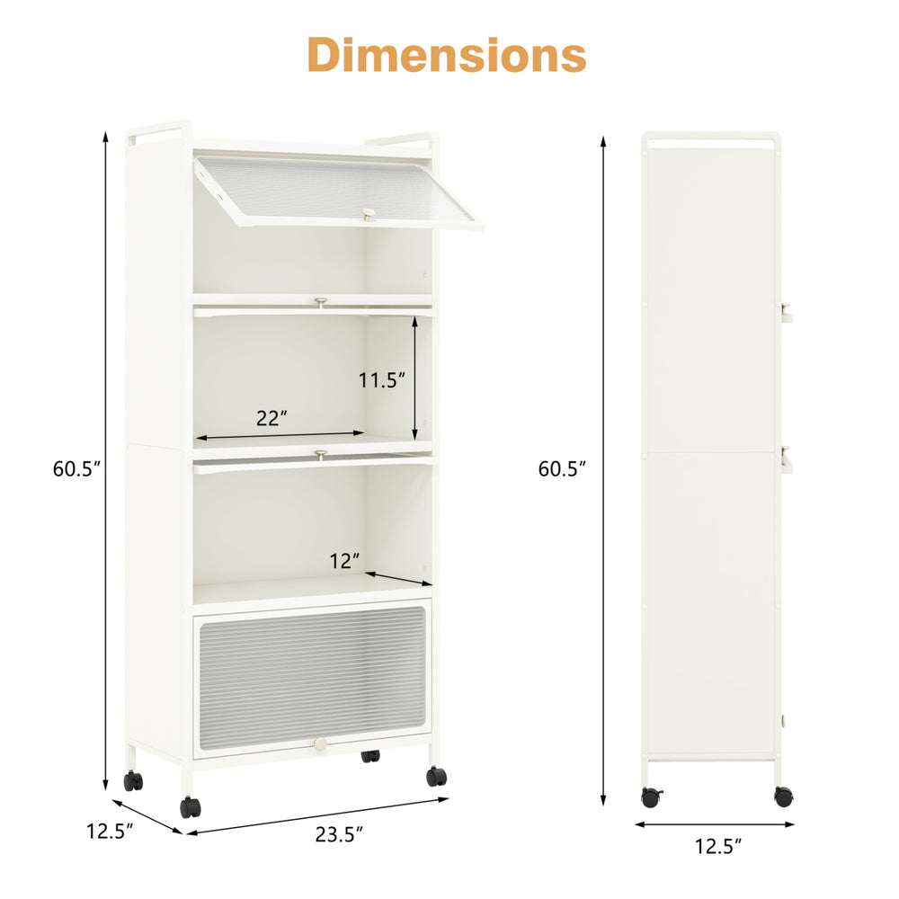 5-tier kitchen storage baker's rack with flip-up enclosed doors, dimensions 60.5"H x 23.5"W x 12.5"D for organized.