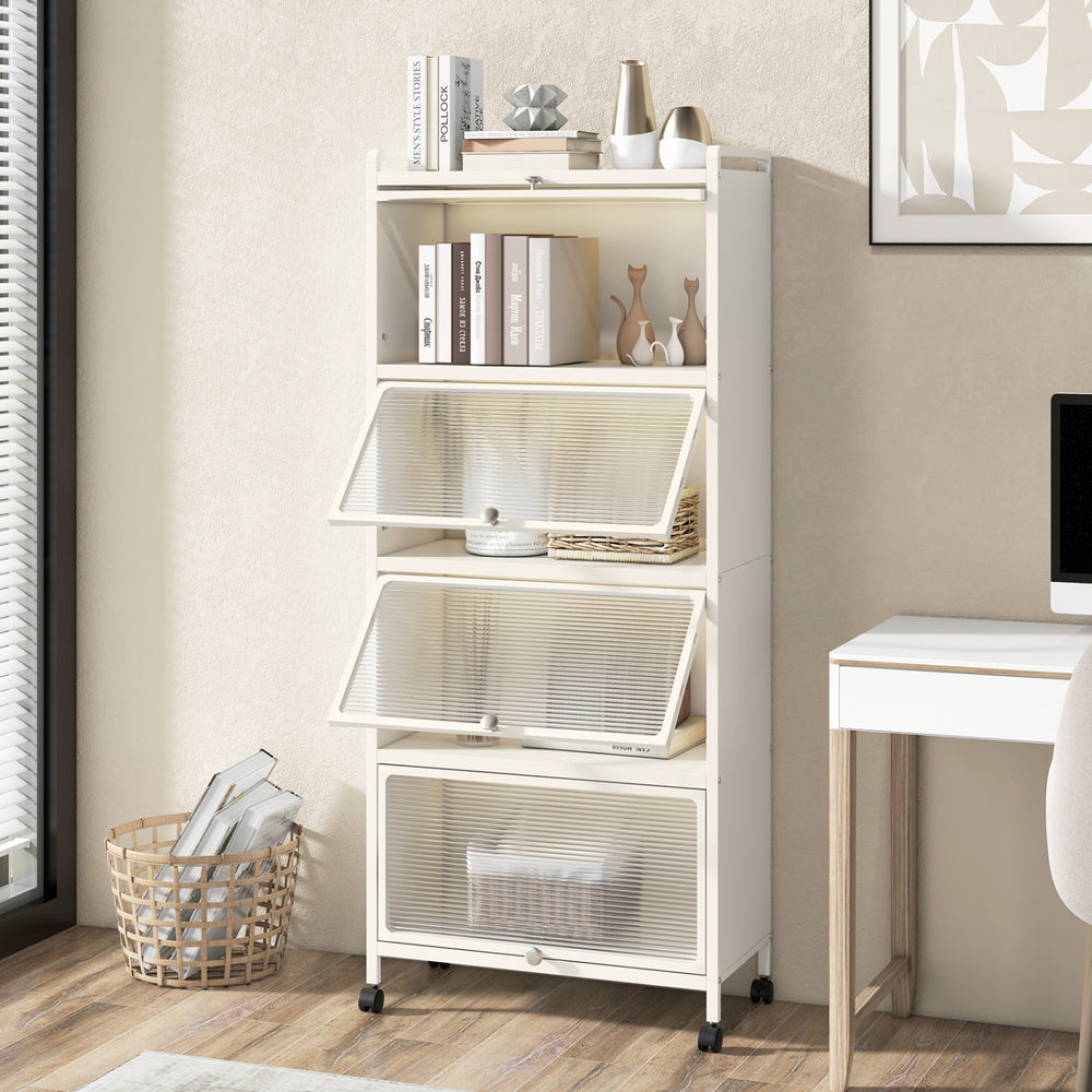 5-tier kitchen storage baker's rack with flip-up enclosed doors, ideal for organizing kitchen essentials and maximizing.