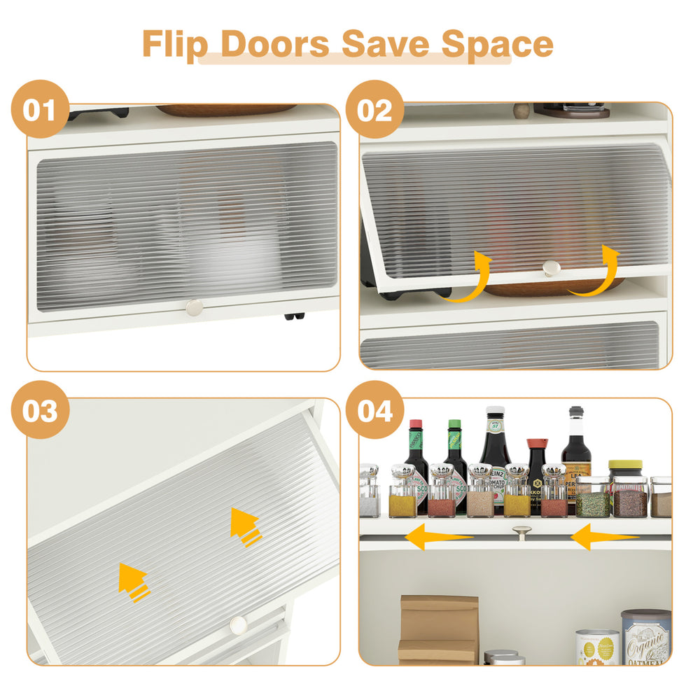 5-tier kitchen storage baker's rack with flip-up enclosed doors, showcasing space-saving design and organized storage.