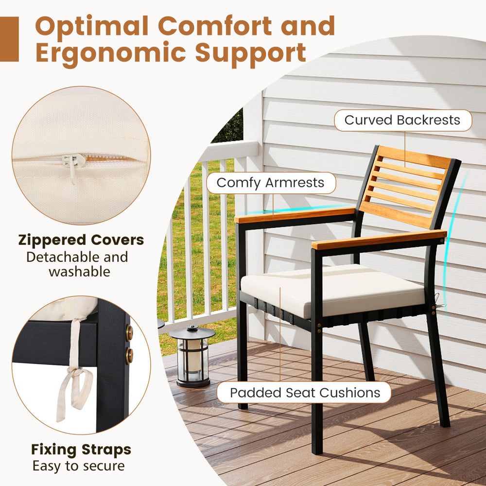Stackable patio dining chair with comfy armrests, padded seat cushions, and zippered covers for easy cleaning.