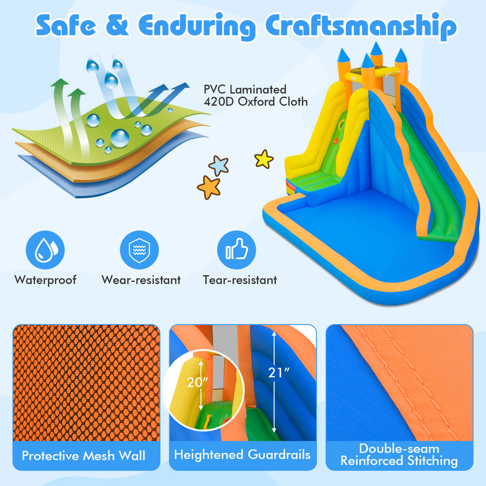 3-in-1 inflatable water slide featuring a curved slide, waterproof PVC laminated cloth, and reinforced stitching for.
