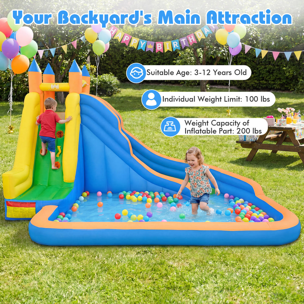 3-in-1 inflatable water slide with curved slide, suitable for ages 3-12, featuring a ball pit for backyard fun.