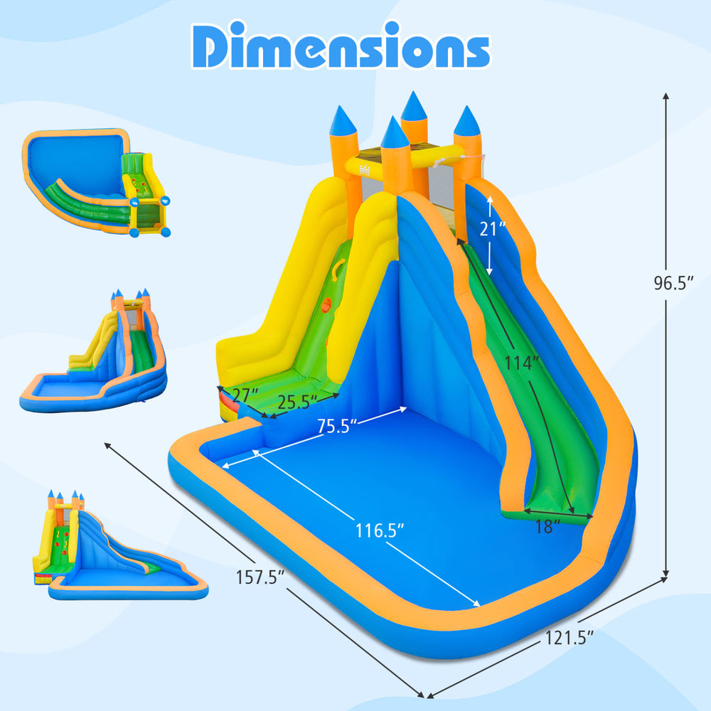3-in-1 inflatable water slide with curved slide dimensions, featuring vibrant colors and included 680W blower.