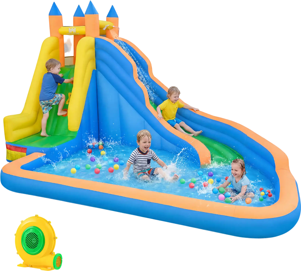 3-in-1 Inflatable Water Slide with Curved Slide and 680W Blower