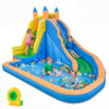 Colorful 3-in-1 inflatable water slide with curved slide, pool, and blower for outdoor fun and play.