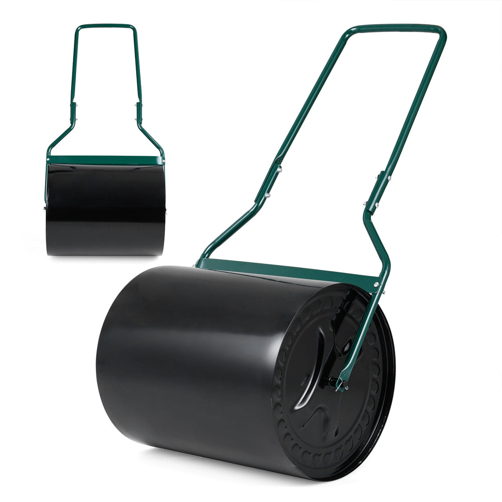 Lawn roller with a 12-gallon capacity, designed for easy garden leveling, featuring a leak-proof inlet.