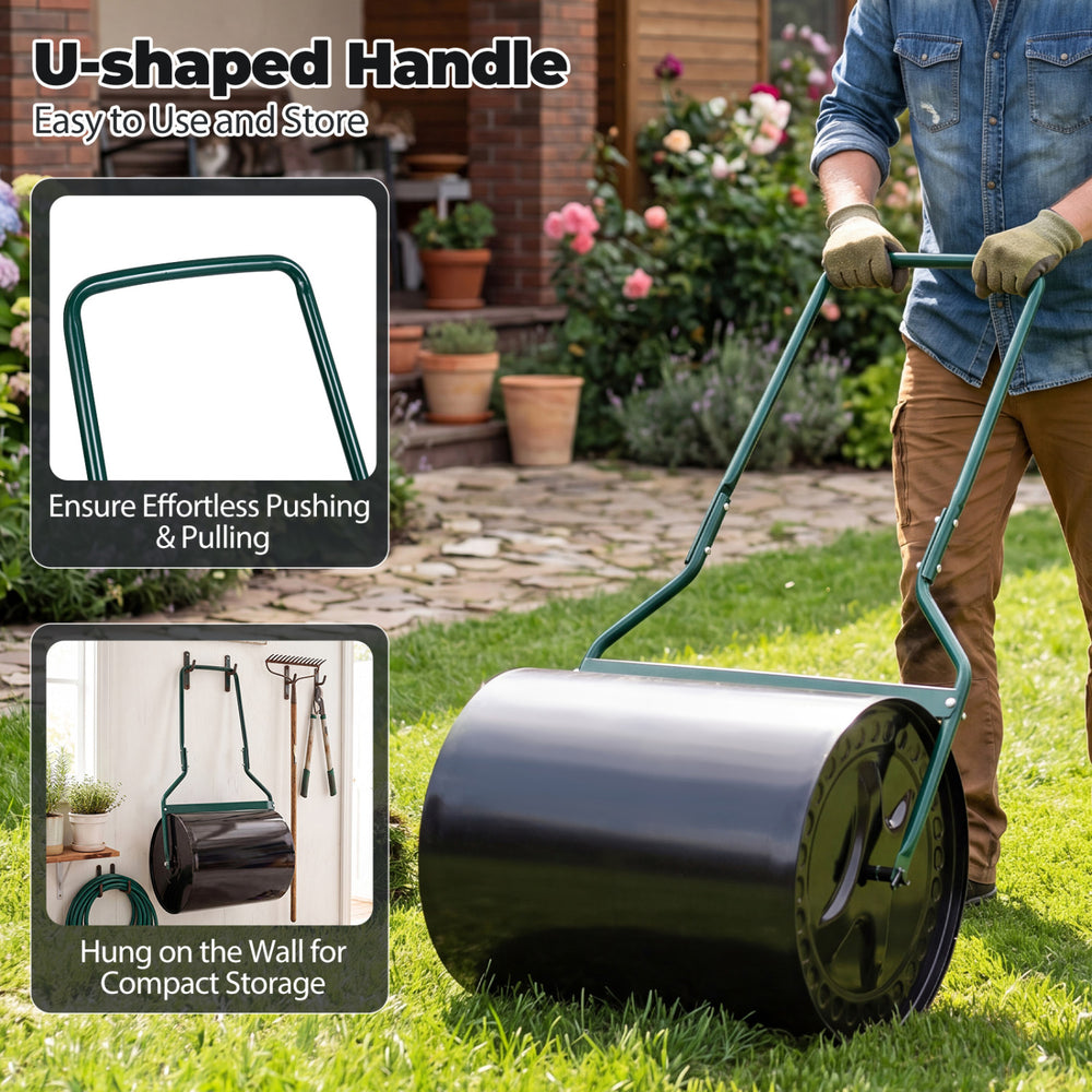 Lawn roller with U-shaped handle, 12-gallon capacity, designed for easy use and compact storage in the garden.