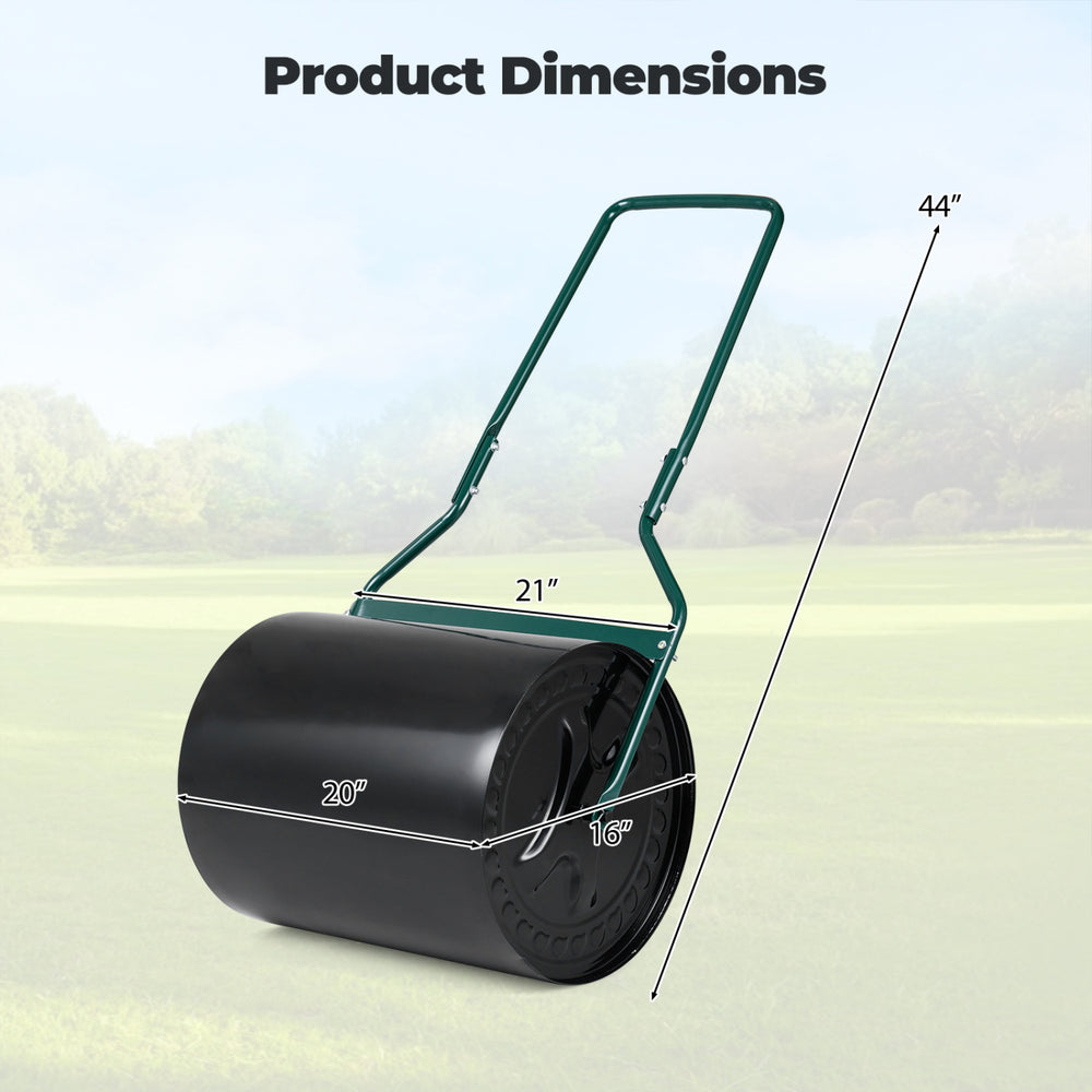 Lawn roller with dimensions 21" x 20" x 44", designed for filling with water or sand for effective garden use.