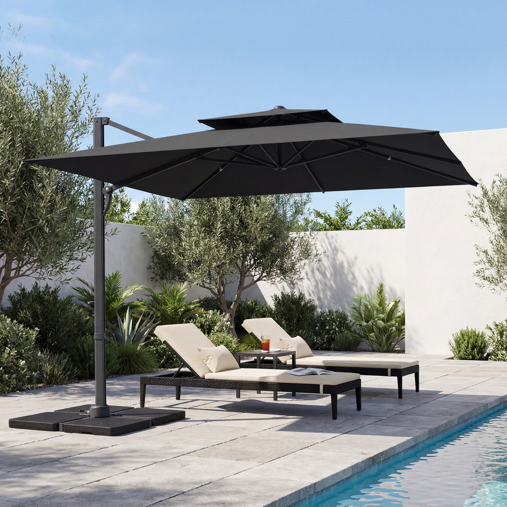 Gray 10 FT aluminum pole cantilever umbrella with 220 lbs base, ideal for providing shade by the poolside.