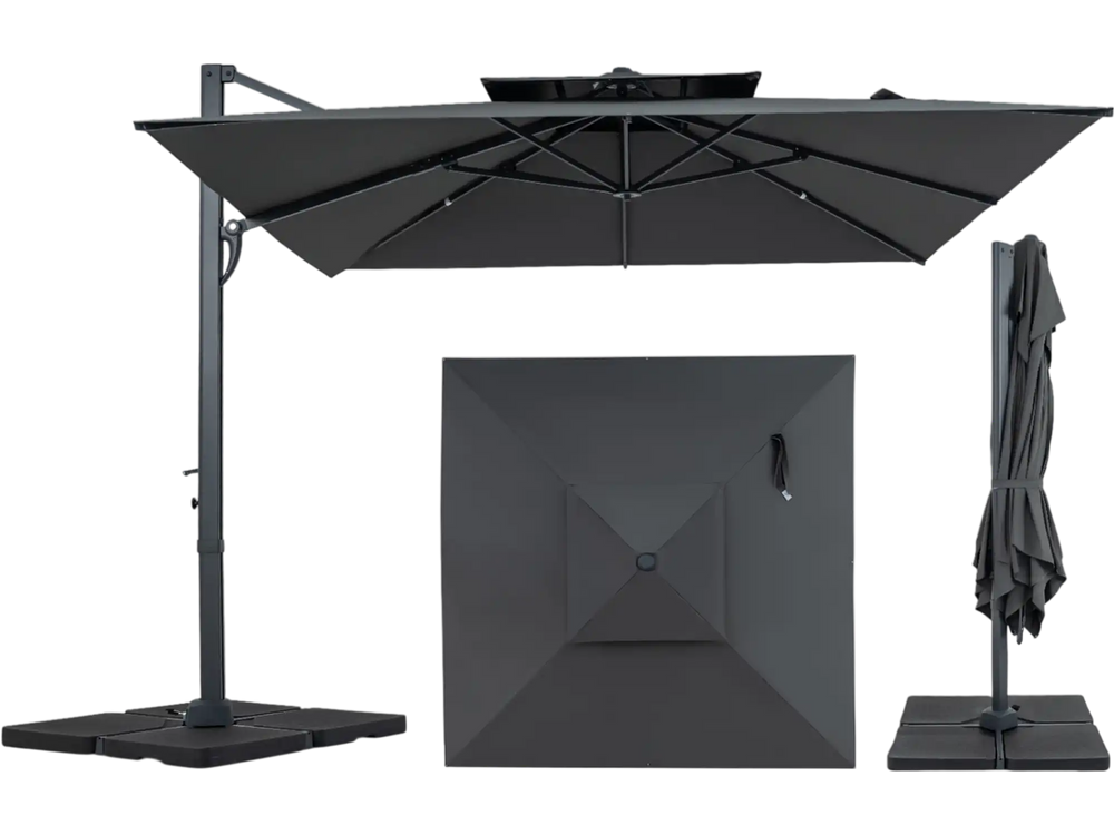 10 FT gray cantilever umbrella with aluminum pole and 220 lbs base, ideal for outdoor patio shade.