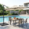 Beige 11 x 9 FT outdoor offset hanging umbrella with aluminum pole, rotating 360°, by the poolside dining set.