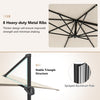 Heavy-duty metal ribs and stable triangle structure of the 11 x 9 FT aluminum offset hanging umbrella in beige.