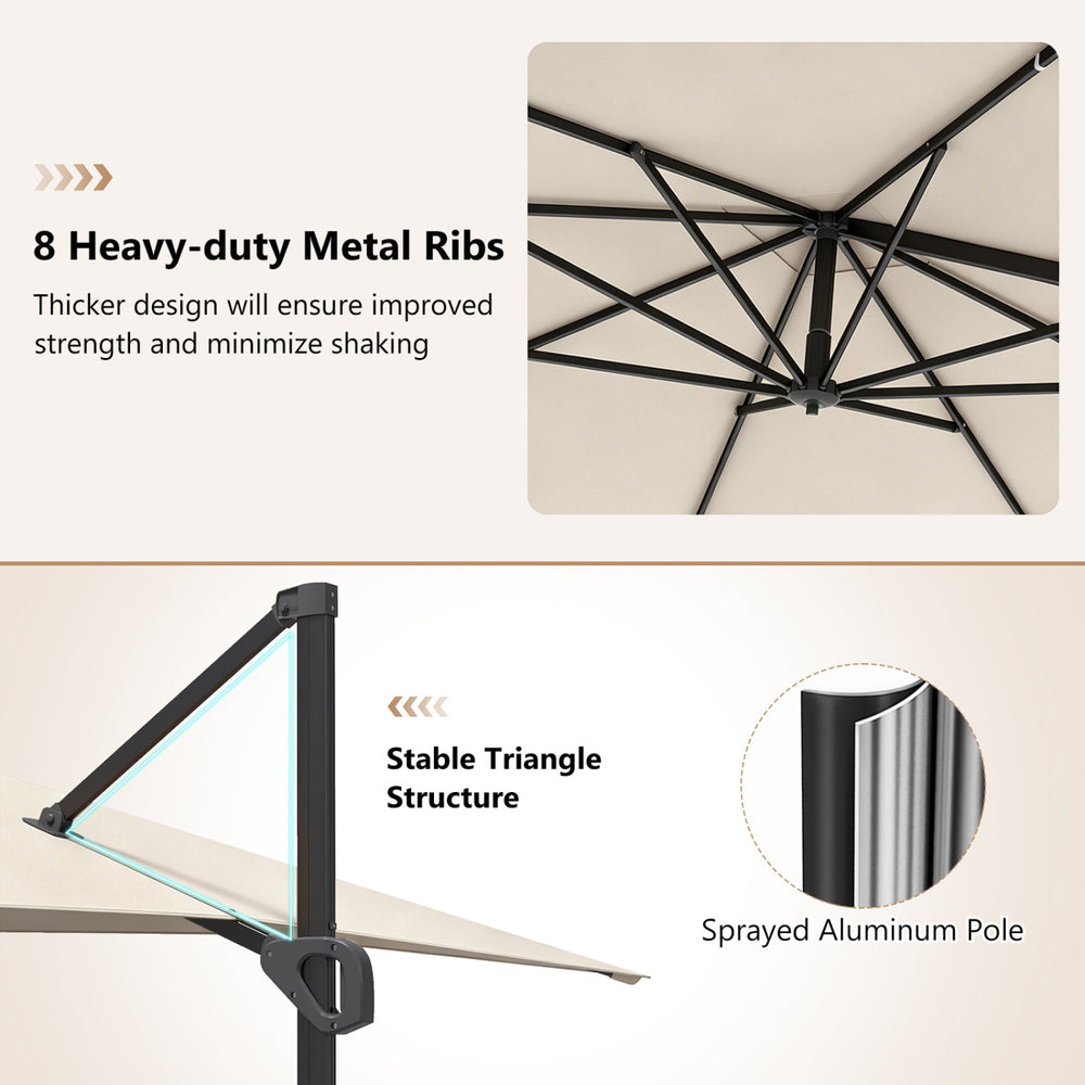 Heavy-duty metal ribs and stable triangle structure of the 11 x 9 FT aluminum offset hanging umbrella in beige.