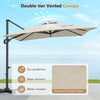 Beige 11 x 9 FT outdoor offset hanging umbrella with aluminum pole and double-tier vented canopy for sun protection.