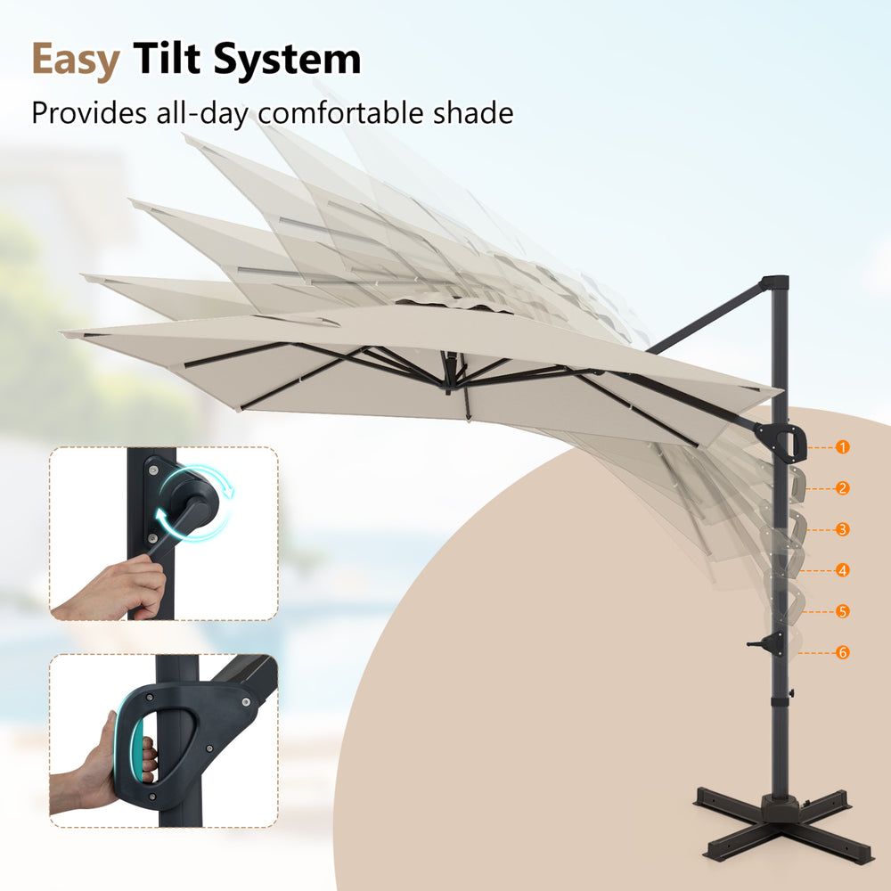 Beige 11 x 9 FT outdoor offset hanging umbrella with aluminum pole and easy tilt system for all-day shade.