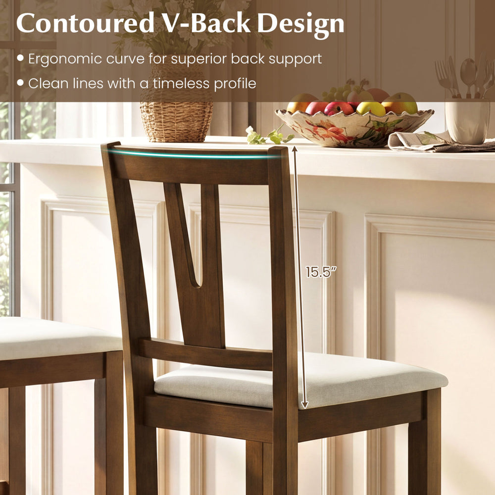 Counter height bar stool with contoured V-back design, showcasing ergonomic support and clean lines for timeless style.