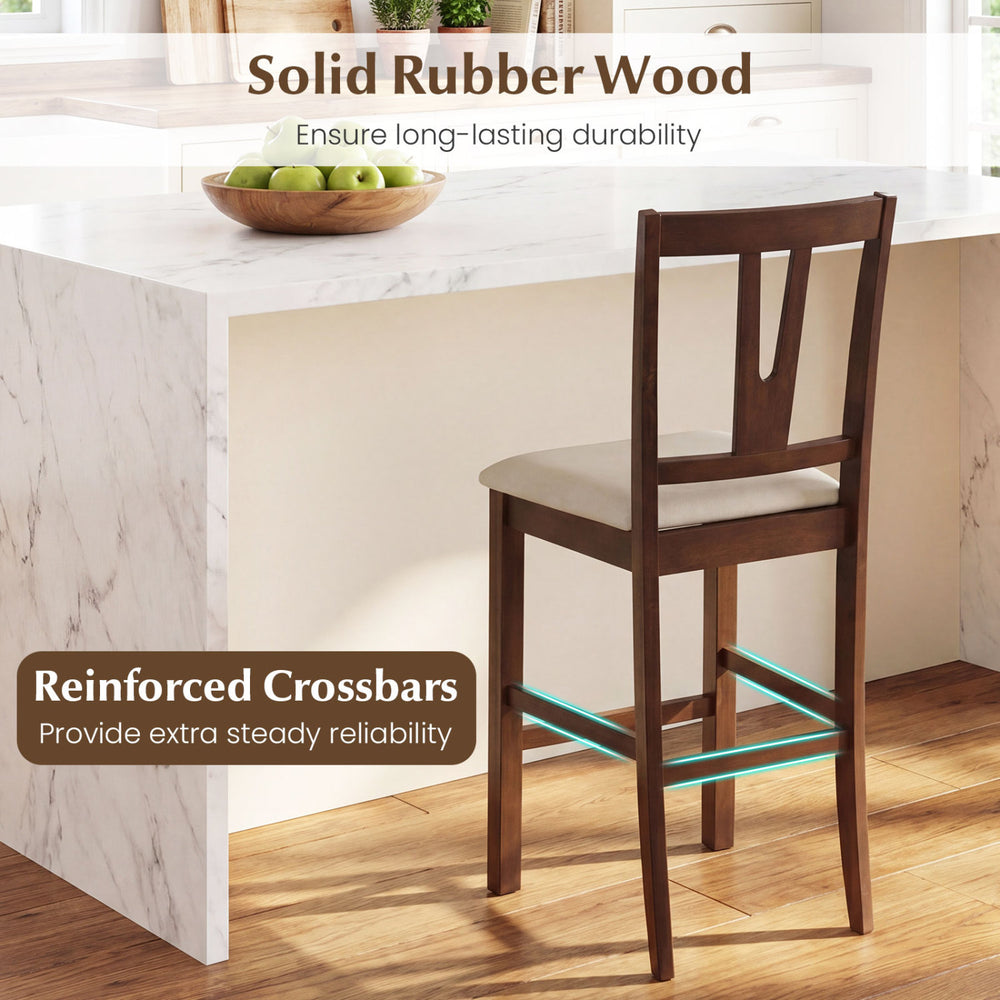 Counter height bar stool with contoured V-back in solid rubber wood, featuring reinforced crossbars for stability.