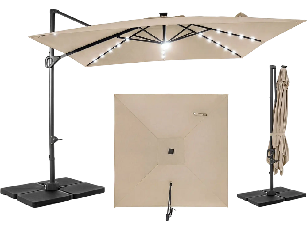 costway 10ft patio umbrella solar powered led 360degrees rotation beige 10 ft Cantilever with 32 Lights and 220 LBS Base-Dark Blue day shade Costway 10 FT Solar LED