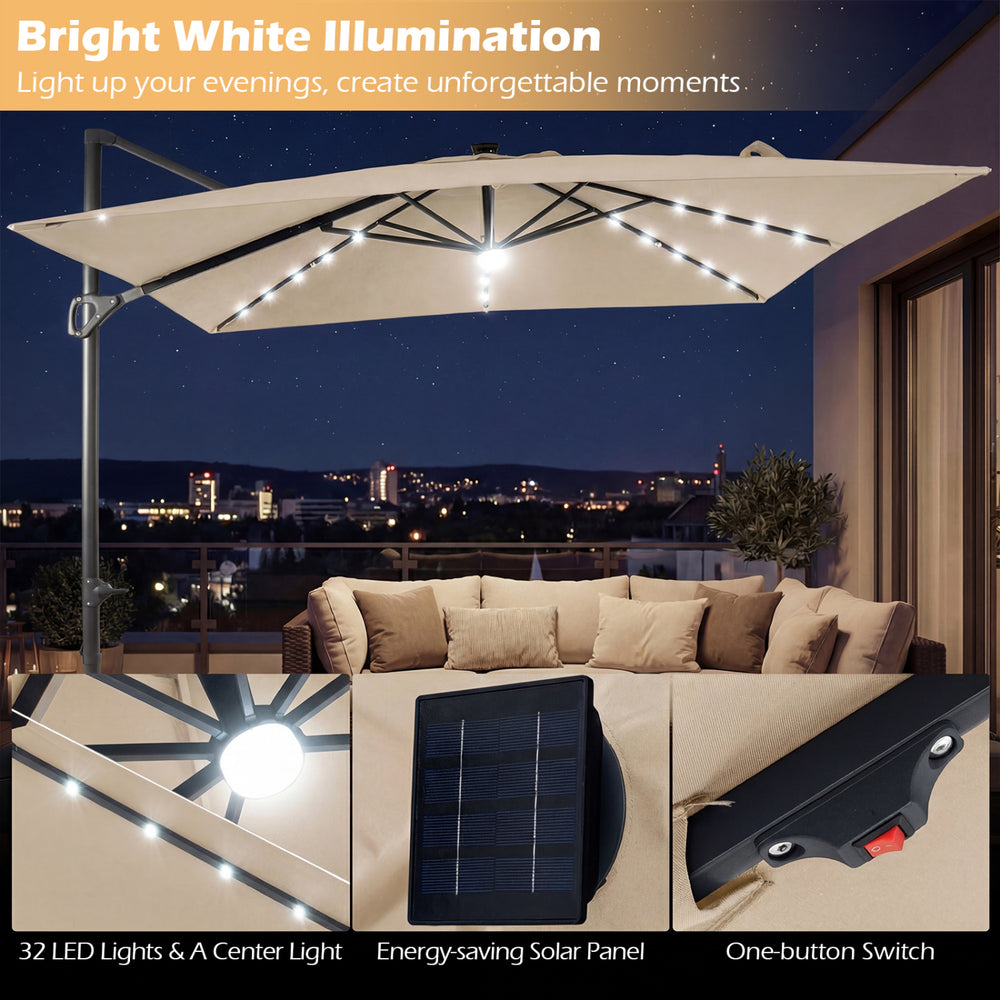 10 FT cantilever patio umbrella in beige with 32 solar LED lights, perfect for evening outdoor gatherings.
